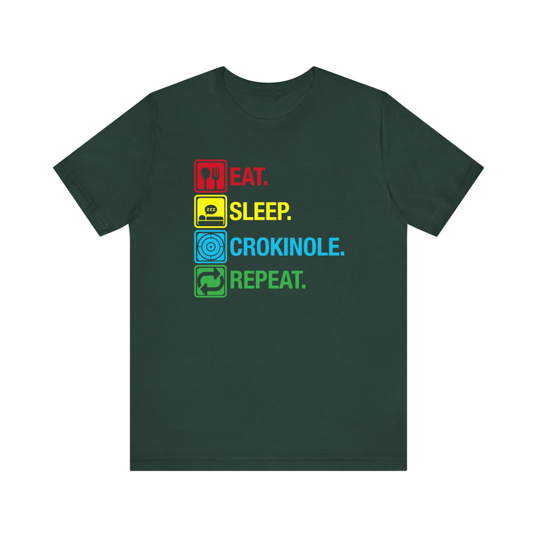 Eat. Sleep. Crokinole. Repeat. Unisex Jersey Short Sleeve Tee