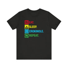 Load image into Gallery viewer, Eat. Sleep. Crokinole. Repeat. Unisex Jersey Short Sleeve Tee
